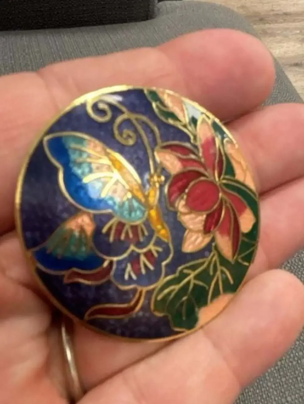 Vintage Round Cloisonne Butterfly and Floral Enamel Brooch Pin